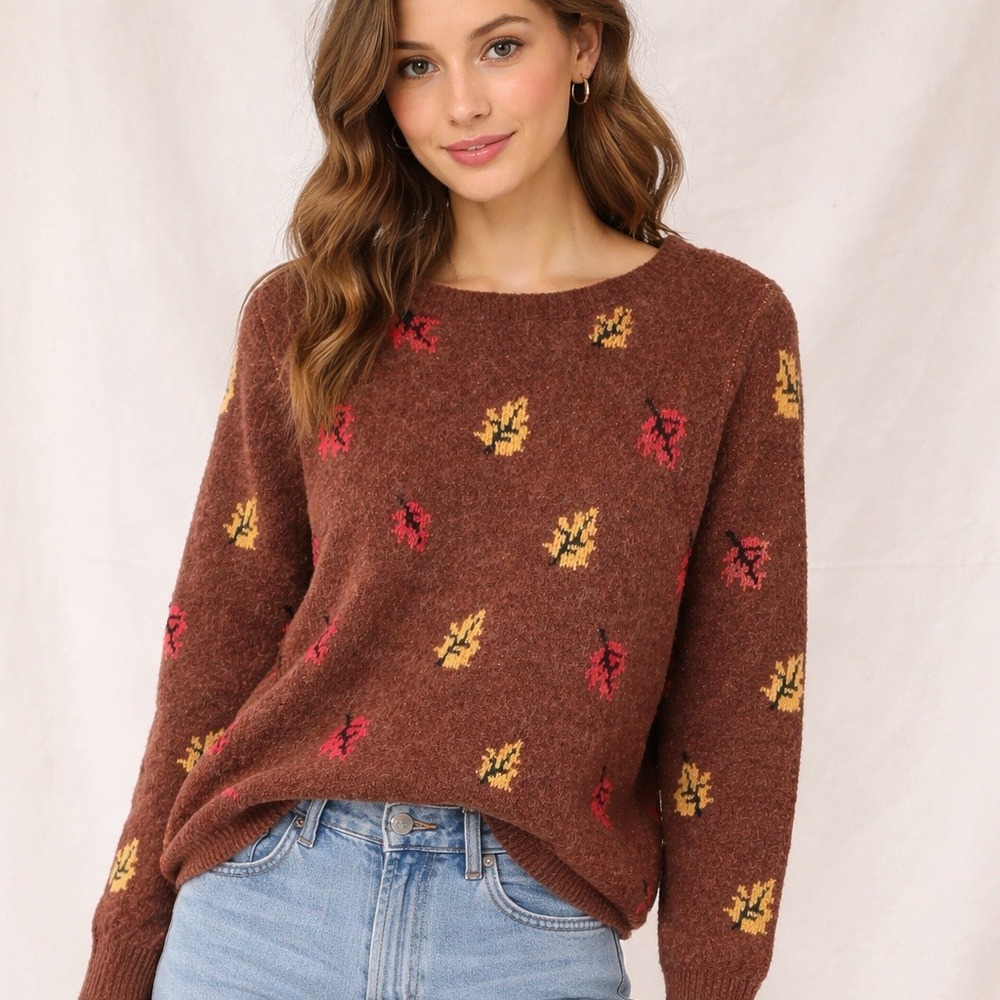 NWT Maurices Leaf Print Sweater Sz L Brown Fuzzy Knit Fall Pumpkin Thanksgiving